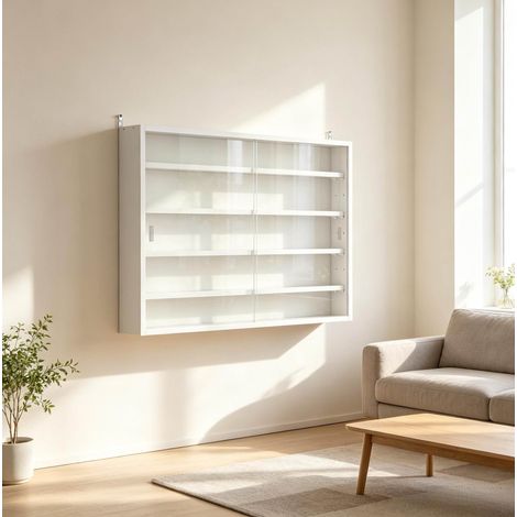 Vitrine murale 80x9,5x60 cm en verre et panneau de particules blanc, gain de place – MEUBLIV (1/5)