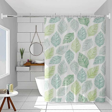 Rideau de douche PEVA 180x180cm, rideau de douche long, rideau de douche imperméable à motif feuilles vertes, rideau de salle de bain vert résistant à la moisissure, avec crochets (1/5)