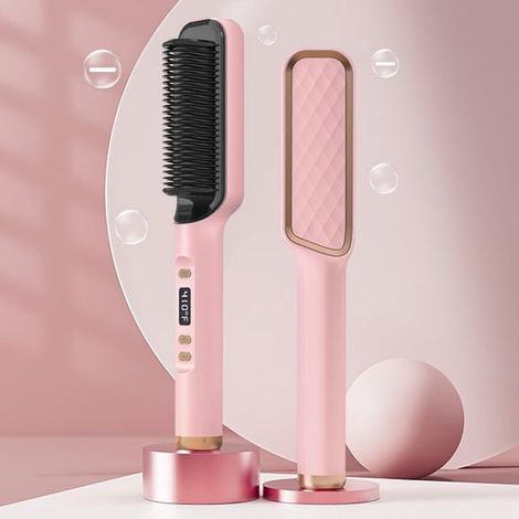 Fer à lisser rose à ions négatifs - Brosse chauffante avec écran LED - Anti-brûlure - Arrêt automatique - Chauffage rapide - 30 réglages de température - Pour maison, voyage et salon (1/5)