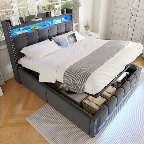 Cama tapizada moderna 140x200 cm en tejido tipo lino gris, con cabecero con estantes, LED, USB y almacenaje (1/5)