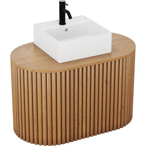 Meuble de salle de bain suspendu en teck avec vasque carrée - 90 cm - TOWARI (1/5)