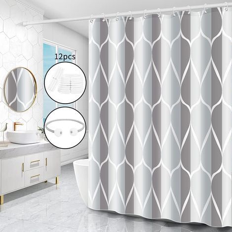 Rideau de Douche,Lavable,antibactérien,Anti-moisissure,imperméable,en Polyester avec 12 Anneaux (Gris,W 300 x H 200 cm) (1/5)