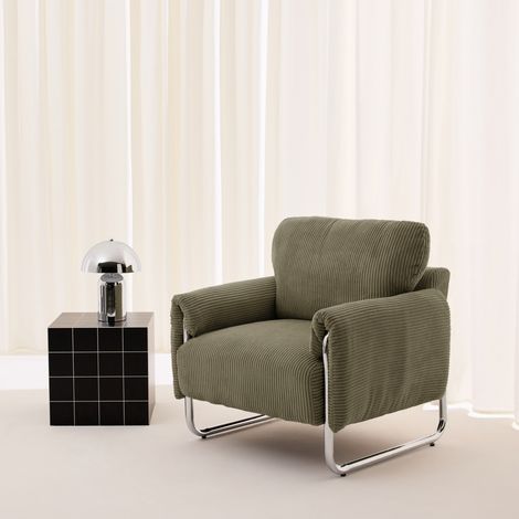 sweeek - Fauteuil vintage velours côtelé armature chromée kaki - Vintage (1/5)