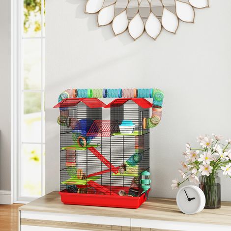 Gabbia per criceti, topi e piccoli roditori con tunnel, mangiatoia, ruota e giocattolo, 47 x 30 x 59 cm, rossa