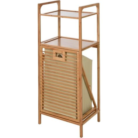 Étagère salle de bain 40x30xh95cm, meuble bambou avec panier à linge 42L, rangement vêtements, colonne dressing étroite, armoire organisateur, 5 niveaux (1/4)