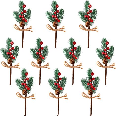 (Lot de 10) Couronne de Noël de 10 pièces avec baies rouges, aiguilles de pin artificielles, bouquet de fleurs de pin, matériel de décoration DIY pour la maison et les mariages, petits accessoires (ro (1/2)