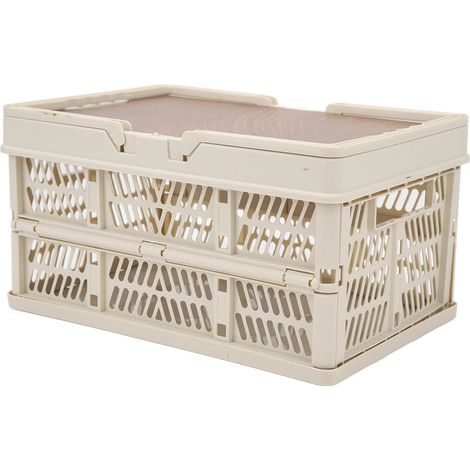 Panier de rangement pliable camping pique-nique grand volume polyvalent avec planche bois PP, coffre auto maison gris blanc (1/5)