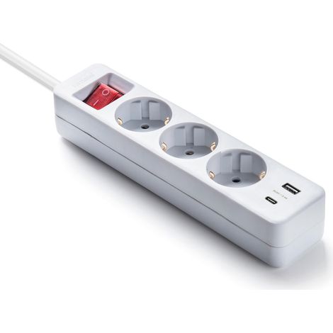 Multiprise 3 Prises avec Ports USB et USB C Prises avec Interrupteur d'allumage Compatible avec téléphones Portables 1,5 m jusqu'à 3680 W Protection Enfant Blanc (1/5)