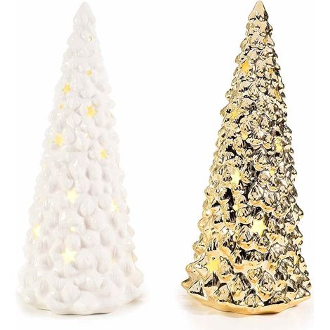 Set 2 Alberi di Natale Luminosi da Tavolo in Ceramica Alberelli di Natale da Appoggiare Decorazione Natalizia per Casa e Negozio Idea Regalo (1/4)