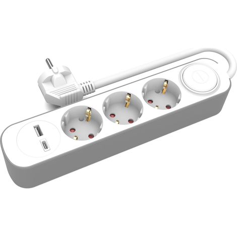 Multiprise avec 3 prises, USB Type-A et 1 port de type C, rallonge de 3 m avec fiche Schuko et interrupteur marche/arrêt, prises de 3680 W, triple prise – Blanc (1/2)