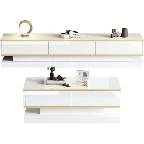 Modernes Wohnzimmer-Set: weißes Hochglanz-TV-Möbel und Couchtisch mit Goldfinish (1/5)