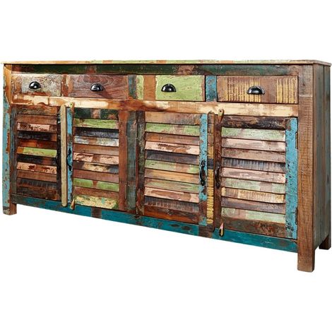 Buffet PATCHWOOD 160 cm en bois recyclé multicolore – 4 portes persiennes, 4 tiroirs et finition colorée (1/5)