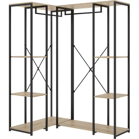 Portant à vêtements d'angle à double penderie de structure métallique avec 6 étagères de rangement, coloris naturel/noir - Hauteur 167 x Longueur 90 x Profondeur 130,4 cm (1/3)