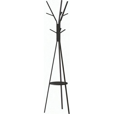 Perchero de pie de metal y MDF negro con 9 ganchos y estante, 45 x 45 x 180 cm (1/5)