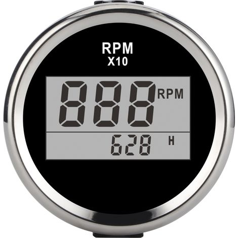 Compte-tours numérique 0-9990 tr/min, étanche IP67, rétroéclairage rouge, écran LCD 52mm/2", 9-32V, cadran noir, bord argenté (1/5)