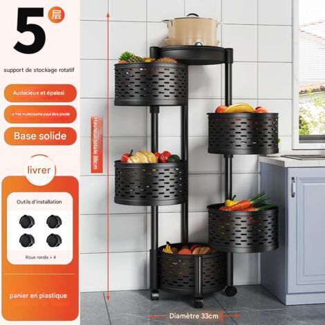 Chariot de Rangement Rotatif à 5 Niveaux pour Cuisine, Panier de Stockage pour Fruits et Légumes, Noir, 33cm de Diamètre (1/3)