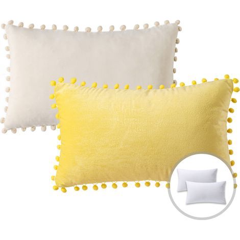 Ensemble de 2 coussins décoratifs de Noël Phantoscope, taie d'oreiller en velours à pompons avec garniture, 30 x 50 cm, jaune et blanc cassé. (1/5)