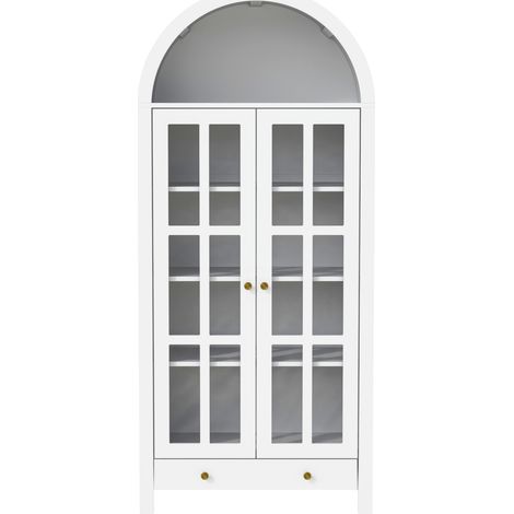 Vitrina alta arqueada blanca de MDF con puertas acrílicas y cajón, 75 x 35 x 170,5 cm (1/5)