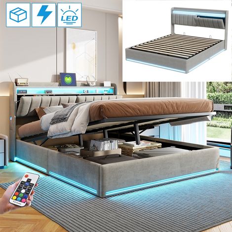 Letto contenitore 160x200 cm, 2 posti, con LED, testiera con spazio di archiviazione, ripiani, rete a doghe in legno, struttura in metallo, letto capitonnè in velluto - Grigio