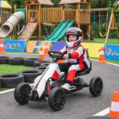 Karting pour enfants, kart électrique, jusqu'à 5 km/h, ceinture de sécurité, siège avec dossier, plastique, métal, blanc