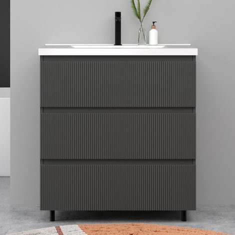 Meuble de salle de bain suspendu Strié 80cm avec simple vasque + 3 tiroirs, Anthracite