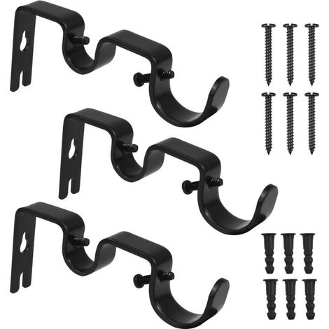 Irovami Supports tringle à rideaux – lot 3, double, métal robuste, charge 10 kg, noir (1/5)