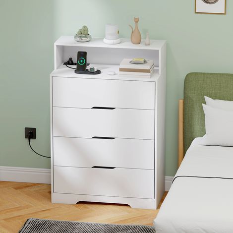 Cómoda para Dormitorio de 4 Cajones con Estación de Carga Puerto USB Puerto USB-C Estante Abierto 80x40x120 cm Blanco (1/5)