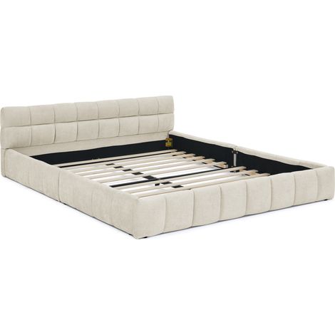 Letto matrimoniale 160 x 200 cm in ciniglia beige, telaio in eucalipto e ferro, capitonné (1/5)
