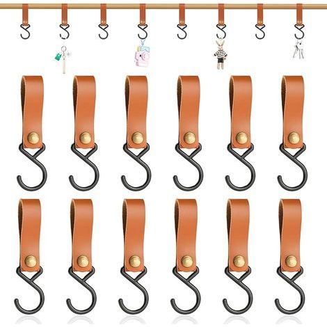 12 Pièces Crochet en S en Cuir Multifonction Crochet Salle de Bain Cuisine Crochet S pour Accrocher Camping Poussette Manteau Serviette Porte Ustensiles Extérieur (Marron) (1/5)