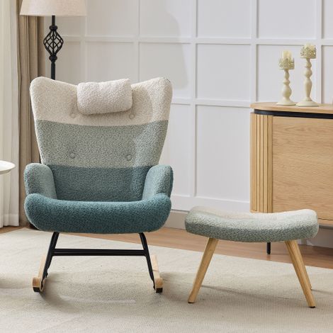 Mecedora con reposapiés, diseño patchwork con rayas de colores, patas de madera de caucho, para sala de estar, dormitorio (1/5)
