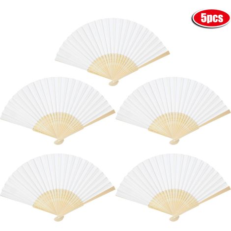 Éventail en bambou pliable 5 pièces, décoration blanche pour journées chaudes d'été, accessoire de scène réutilisable.