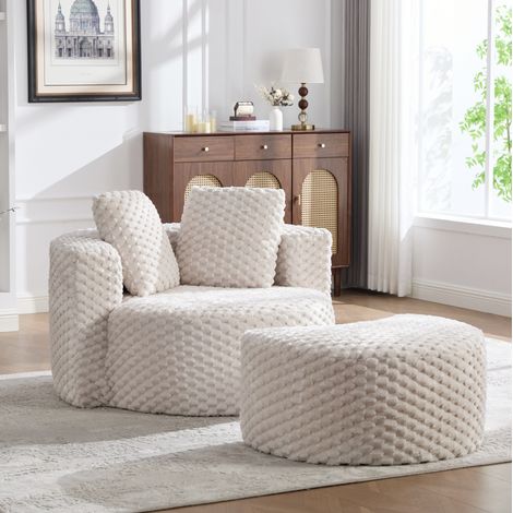 Fauteuil lounge 129x116x65 cm beige en tissu effet fourrure avec repose-pieds, sans montage