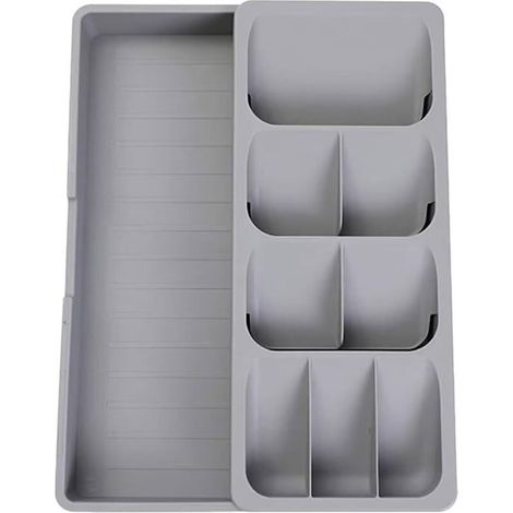 Organisateur de tiroir pour couverts, argenterie, séparateurs extensibles pour tiroirs de cuisine, cuillères, fourchettes (gris) (1/4)