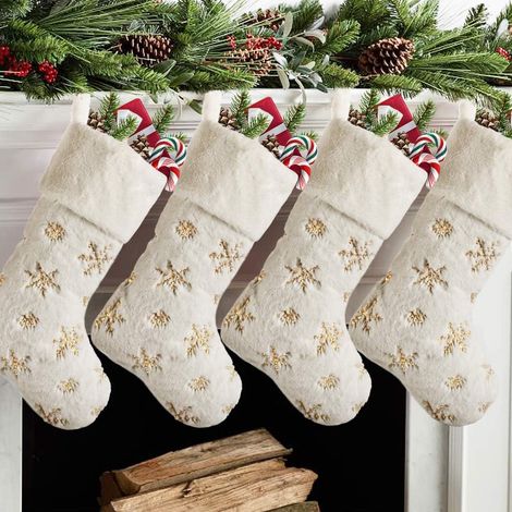 Calcetín Navideño - 48 3 Cm - Pelo Sintético - Adorno con Lentejuelas en Forma de Copo de Nieve - Paquete de 4 (1/5)