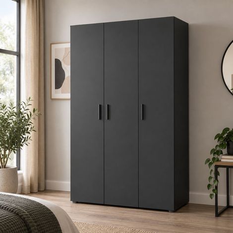 Guardaroba 3 Ante Pettineo, Armadio Camera da Letto Appendiabiti, 4 Ripiani, 3 Ante, 111x52 cm Nero Antracite