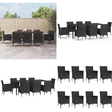 Set da Pranzo da Giardino 9 pz con Cuscini Nero in Polyrattan - Sedie da pranzo da giardino - Tavolo da pranzo da giardino