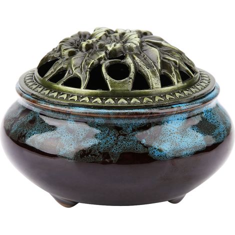 Encensoir à fumée rétro-céramique émaillée bleu, brûle-encens décoratif pour maison, porte-bijoux. (1/5)