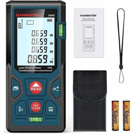 Hanmatek LM50 50m Digitaler Laser-Entfernungsmesser. misst Länge/Fläche/Volumen/Satz des Pythagoras mit LCD-Hintergrundbeleuchtung. IP54