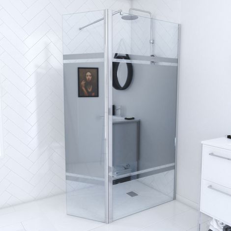 Mampara de Ducha con Deflector Pivotante 90+40x200cm - Banda Espejo - Barra Extensible Cromada (1/4)