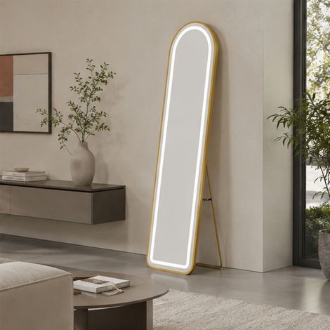 Miroirs pleine longueur 150 x 40 cm, miroir de sol sur pied,Miroir Complet arqué,Miroir de Sol, Grand Miroir sur Pied bombé,Debout ou Appuyé Contre,cadre doré arc, avec éclairage dimmable 3 tons, pris (1/5)