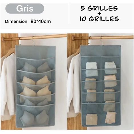 Sac de rangement suspendu à deux côtés pour penderie pour Sous-vêtements,Chaussettes avec support solide en métal-Gris (1/4)