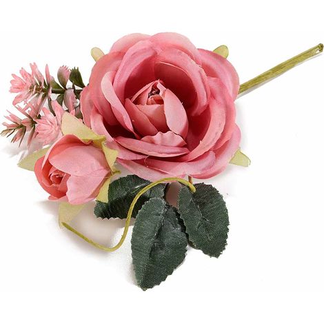 Roses en tissu avec bouton et petites fleurs artificielles, lot de 16, H. 9 cm (15 cm avec tige)