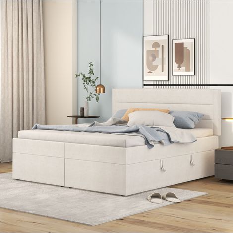 Polsterbett Leinen Beige 140x200 cm mit Lattenrost und Bettkasten, beidseitig zu öffnen (1/5)