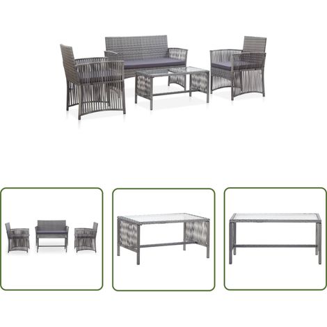 The Living Store Salon de jardin 4 pcs avec coussin Résine tressée Anthracite - Salon De Jardin - Mobilier De Jardin - Ensemble Salon De Jardin - Table Basse - Chaise Longue (1/5)