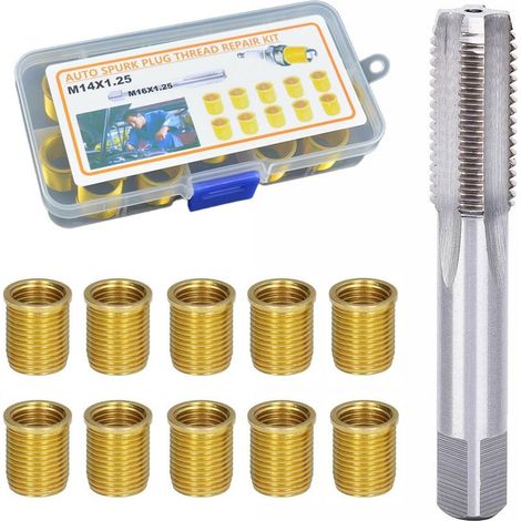 M14 x 1,25 mm Zündkerzen-Gewindebohrungs-Reparaturset (10-teilig) mit Gewindebohrer, Metall, für Benzinmotoren, Generatoren und Dieselmotoren (gold)