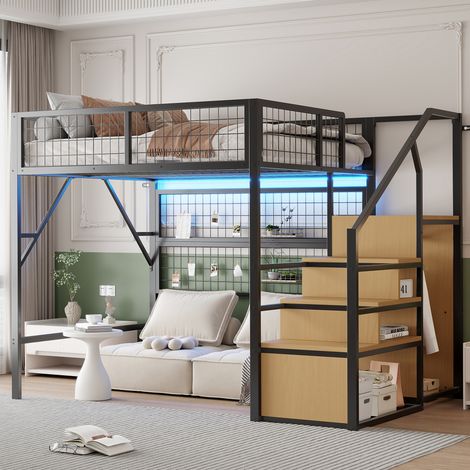 Letto a soppalco in metallo nero 140x200 cm con scala contenitore, armadio aperto e LED controllabile da app (1/5)