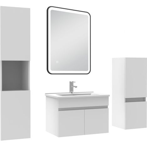 Acezanble Meuble simple vasque 60cm avec colonne + miroir lumineux 3 couleurs + dimmable blanc (1/5)