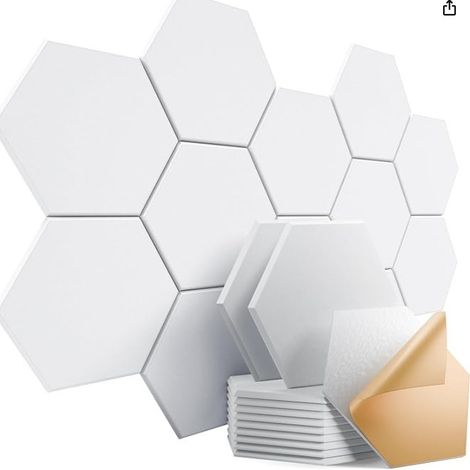 Panneaux Acoustiques Hexagone Autocollante, Lot de 12, Panneau Acoustique Haute Densité pour Mural, Porte, Plafond, Traitement Acoustique pour Home Studio, Gaming, Chambre, 30 x 30 x 0,9cm, Blanche