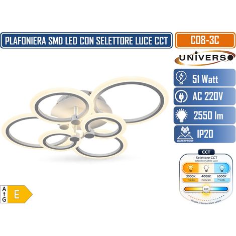 UNIVERSO C08-3C PLAFONIERA LED 6 ANELLI 51W CON SELETTORE COLORE LUCE CCT 3000K 4000K 6500K 2550LM BIANCA DESIGN MODERNO (1/5)