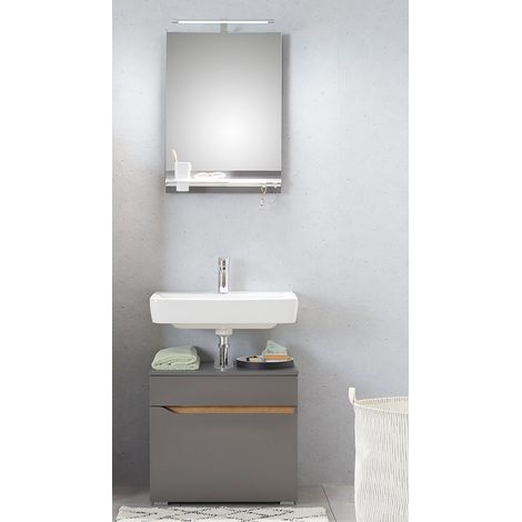 Waschplatz Set mit Spiegel in Quarzgrau Matt Touch mit Riviera Eiche Nb. QENA-66, B/H/T ca. 60/190/33 cm (1/5)